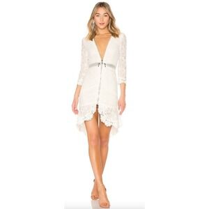 Alexis Parissa White Lace Dress Silver Zip Front High Low Hem Women's Size Large